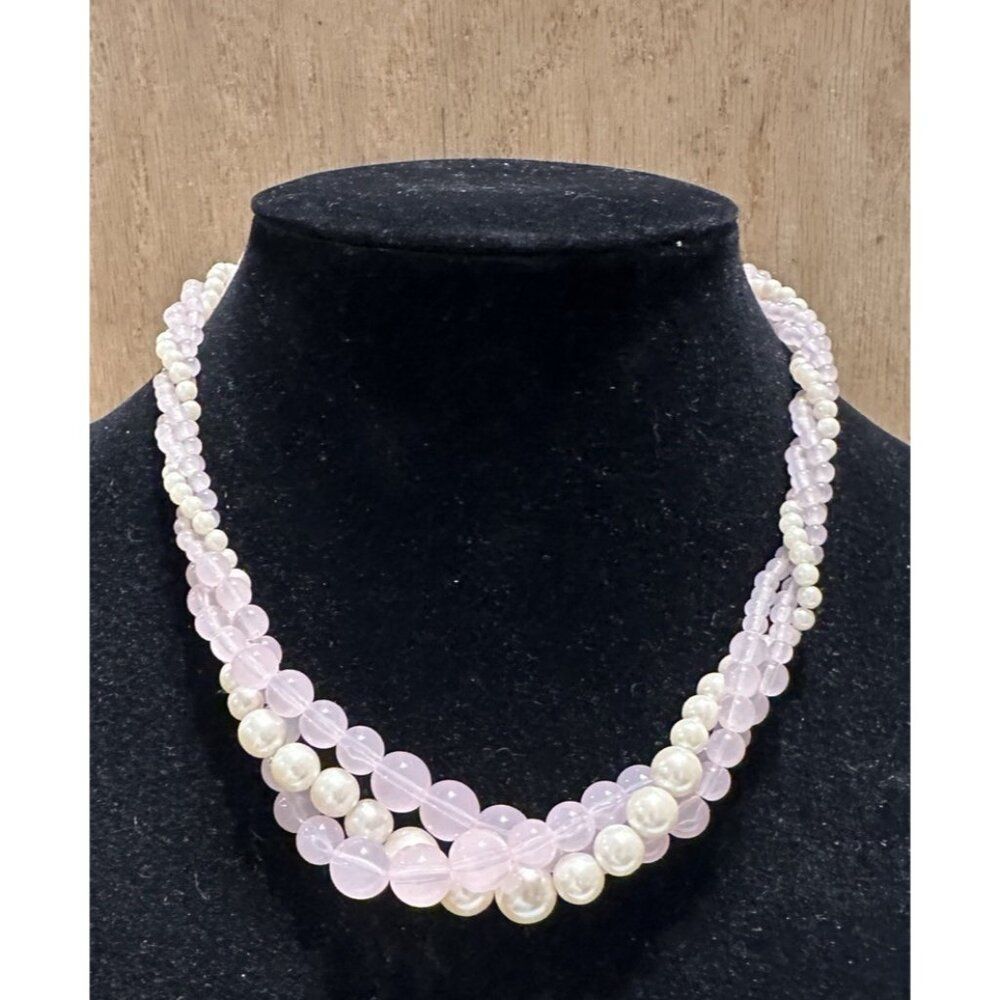 Trifari pink bead Triple Strand necklace twisted Braided Fold Over Clasp